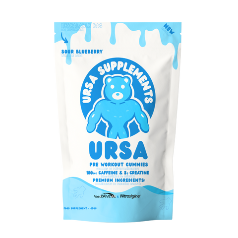 A powerful and convenient pre-workout gummy designed for sustained energy, enhanced focus, and improved endurance, without the mess of powders. Infused with creatine, caffeine, and nootropics, URSA Sour Blueberry Gummies fuel both mind and body for peak performance.