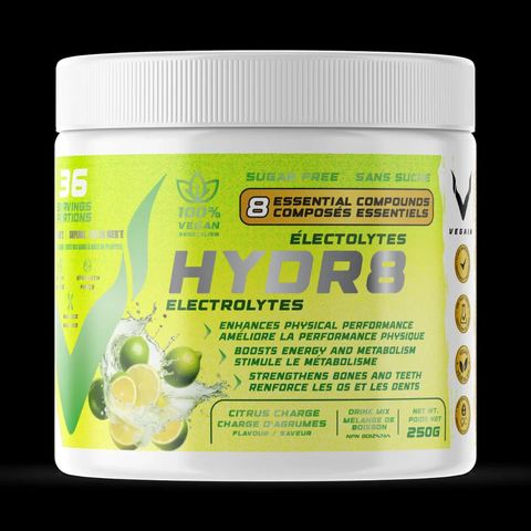 HYDR8: 8 powerful compounds for superior hydration, muscle function & endurance. Zero sugar, rapid absorption, hot or cold mix.