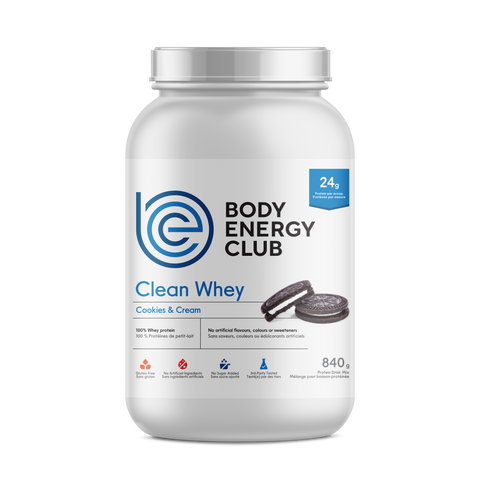 Body Energy Club Clean Whey protein powder container with cookies and cream flavor on a white background