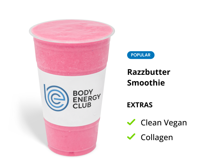 Image of a Razzbutter Smoothie with extras Clean Vegan and Collagen in a togo cup